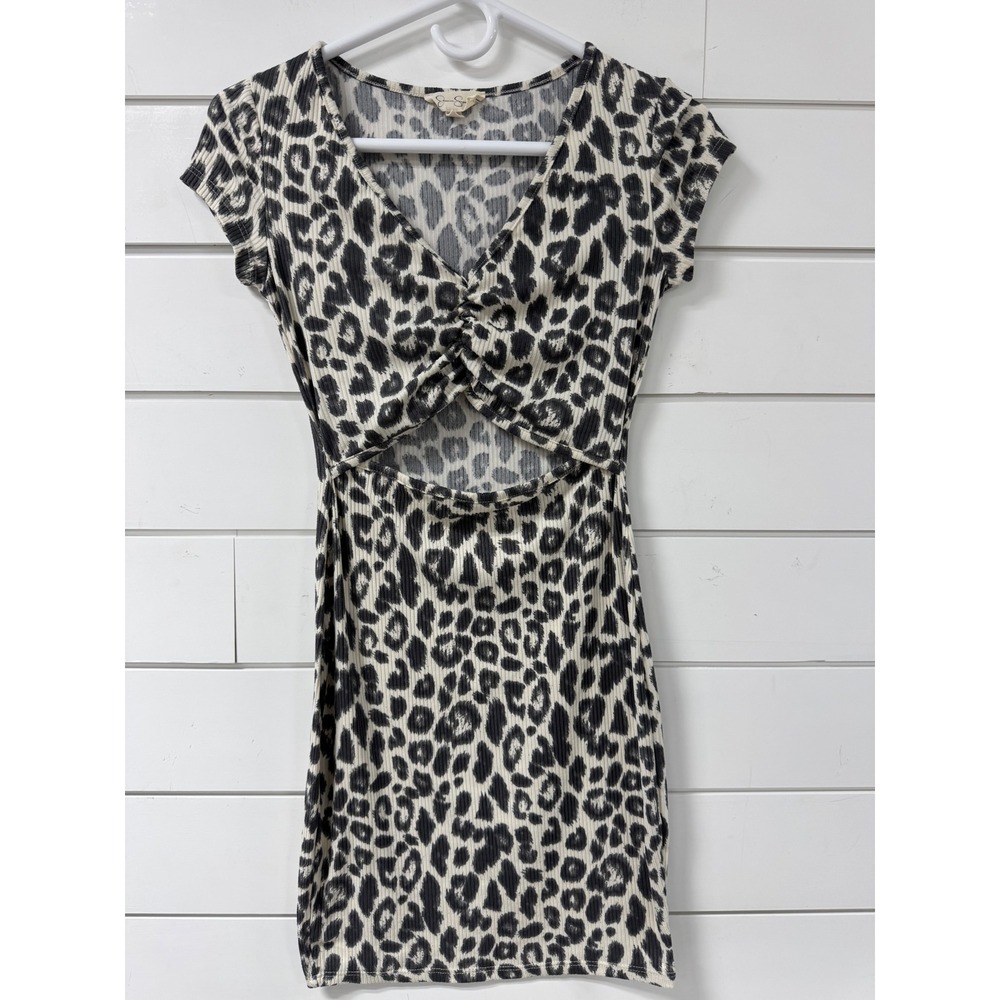 Jessica Simpson Leopard Print Cutout Mini Dress Ribbed Knit V-Neck XS